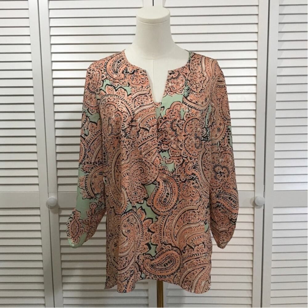 The Limited Boho Retro Chic Orange Mint Paisley Relaxed Tunic Blouse L